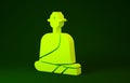 Yellow Buddhist monk in robes sitting in meditation icon isolated on green background. Minimalism concept. 3d