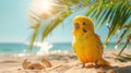 Yellow budgerigar on the beach with palm tree and seashells. Royalty Free Stock Photo