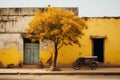 yellow building with blue door