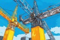 Yellow Building Construction Cranes on a Blue Sky Background. Generative AI