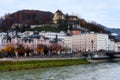 Yellow building on hill overlooking city