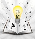 Yellow bulb in opened book with flying alphabet concept