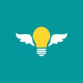 Yellow bulb with wings . flat icon isolated on blue background. Imagination, fantasy icon