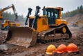 Yellow Bulldozer on a Dirt Construction Site, generative ai Royalty Free Stock Photo