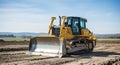 Yellow bulldozer machine parked on construction field under blue sky Royalty Free Stock Photo