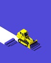 Yellow bulldozer pushing blue ground. Modern isometric construction vehicle illustration. Low poly style