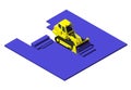 Yellow bulldozer pushing blue ground. Modern isometric construction vehicle illustration. Low poly style