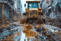 Large Bulldozer Operating in Muddy Construction Site, Heavy Machinery Leveling Ground Royalty Free Stock Photo