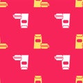 Yellow Burger icon isolated seamless pattern on red background. Hamburger icon. Cheeseburger sandwich sign. Fast food