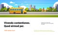 Yellow bus back to school pupils transport concept on cityscape skyscraper background flat copy space horizontal