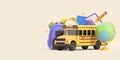 Yellow bus with diverse education accessories, back to school concept Royalty Free Stock Photo