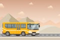 Yellow bus goes on the highway in the desert. Mountains, road and clouds