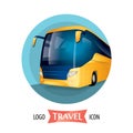 Yellow bus included in a circle. Traveling, moving, tourism. Vector icon