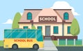 Yellow bus near school. Education concept background with daily transport for kids building vector cartoon Royalty Free Stock Photo