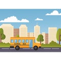 Yellow Bus Riding Back To School 1 September Flat Vector Illustration. Modern city on background Royalty Free Stock Photo