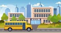 Yellow bus on road in front of school building exterior back to school pupils transport concept cityscape background