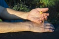 Yellow butterfly on woman`s hand Royalty Free Stock Photo