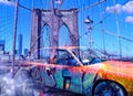 Yellow cab. Brooklyn bridge Royalty Free Stock Photo