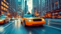 A yellow cab rushes through the streets of the metropolis at sunrise Royalty Free Stock Photo