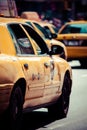 Yellow cab speeds through Times Square in New York. Royalty Free Stock Photo