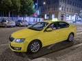 Yellow Cab or Taxi on Wenceslas Square at Night in Prague Royalty Free Stock Photo