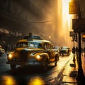 Yellow cab, taxicab riding fast in New York