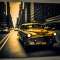 Yellow cab, taxicab riding fast in New York