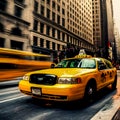 Yellow cab, taxicab riding fast in New York