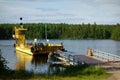 Yellow cable ferry across Kutvele canal on lake Saimaa, Finland Royalty Free Stock Photo