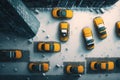 Yellow cabs parked in the city, view from above, fictitious cars and place