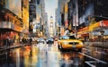 Yellow cabs, taxi and cars in the street of Manhattan in New York city. Illustrated paintig poster. Generative Ai Royalty Free Stock Photo