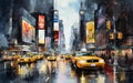 Yellow cabs, taxi and cars in the street of Manhattan in New York city. Illustrated paintig poster. Generative Ai