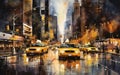 Yellow cabs, taxi and cars in the street of Manhattan in New York city. Illustrated paintig poster. Generative Ai