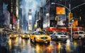 Yellow cabs, taxi and cars in the street of Manhattan in New York city. Illustrated paintig poster. Generative Ai