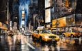 Yellow cabs, taxi and cars in the street of Manhattan in New York city. Illustrated paintig poster. Generative Ai Royalty Free Stock Photo