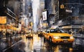 Yellow cabs, taxi and cars in the street of Manhattan in New York city. Illustrated paintig poster. Generative Ai Royalty Free Stock Photo