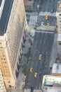 Yellow cabs traffic along a major Manhattan Avenue, overhead aerial view, New York City, USA Royalty Free Stock Photo