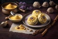 yellow cakes with taro and cinnamon on cream for traditional chinese holiday