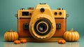 A yellow camera with pumpkins