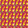 Yellow canistel, lucuma or egg fruit and banana seamless pattern on red background