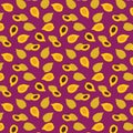 Yellow canistel, lucuma or egg fruit with seeds seamless pattern on purple background