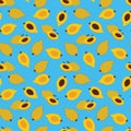 Yellow canistel, lucuma or egg fruit with seeds seamless pattern on turquoise blue background