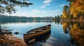 An yellow canoe parked on a lake with spectacular landscape Royalty Free Stock Photo