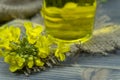 Yellow canola or rapeseed flowers with oil Royalty Free Stock Photo