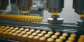 Yellow capsules are moving on conveyor at modern pharm, created with Generative AI technology