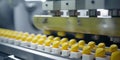 Yellow capsules are moving on conveyor at modern pharm, created with Generative AI technology