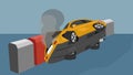 Yellow car accident flipped sideways Hit the barrier on the side of the road. Royalty Free Stock Photo