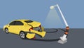 Yellow car accident rotate and collide with electric poles.