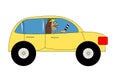 A yellow car with black wheels and an unshaven driver with a control stick.