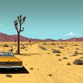Yellow Car And Desert Trees: Detailed Comic Book Art In Daniel Clowes Style Royalty Free Stock Photo